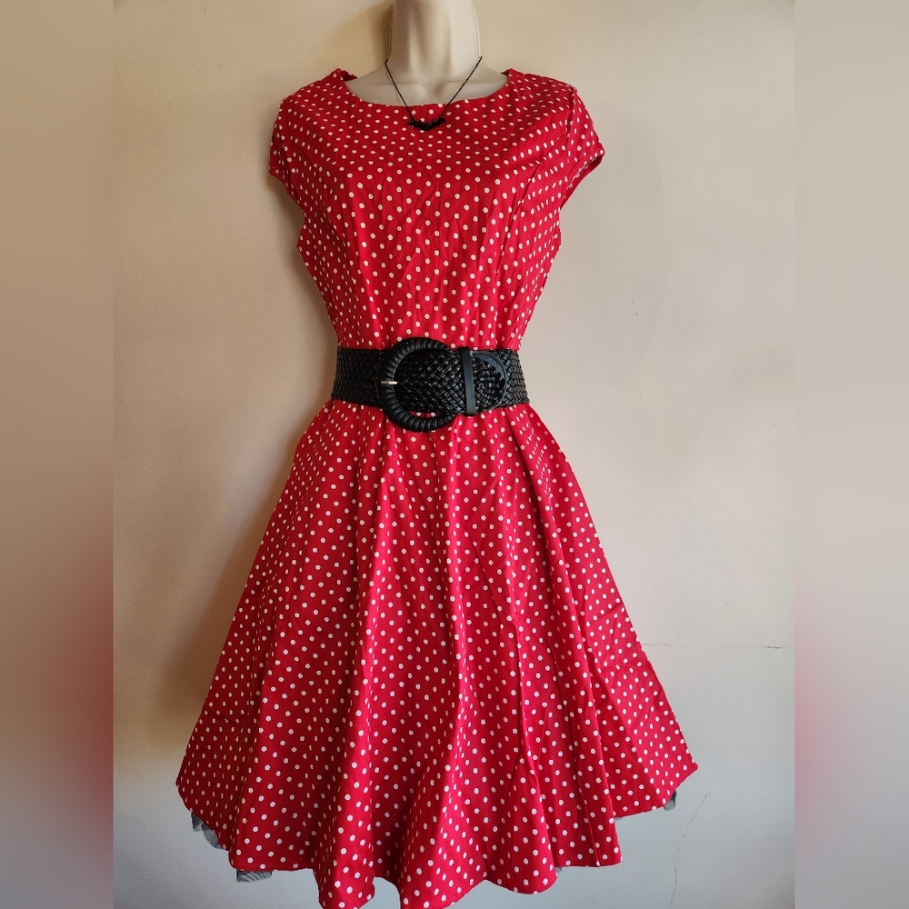 Ambrie Red/ White Polka Dot Pin Up Style Dress-  Small